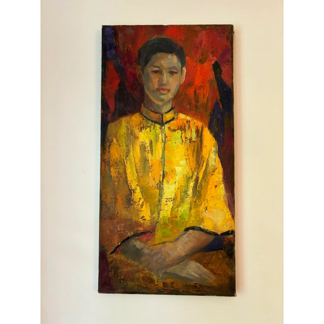 Pair of 1960s paintings on canvas depicting Chinatown and a young man wearing traditional Chinese clothing. Both painted...