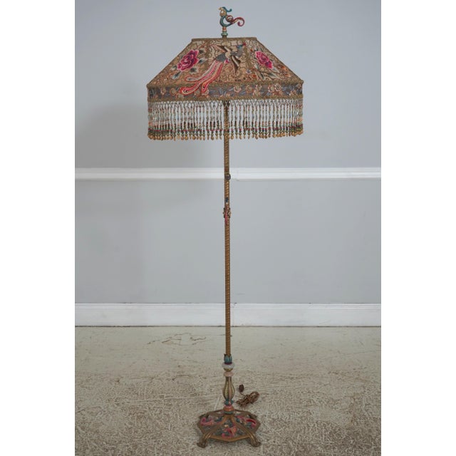 Age: C.1930s Details: Vibrant Painted Finish Metal Top High Quality Construction Intricate Beaded Silk Shade w. Pheasant...