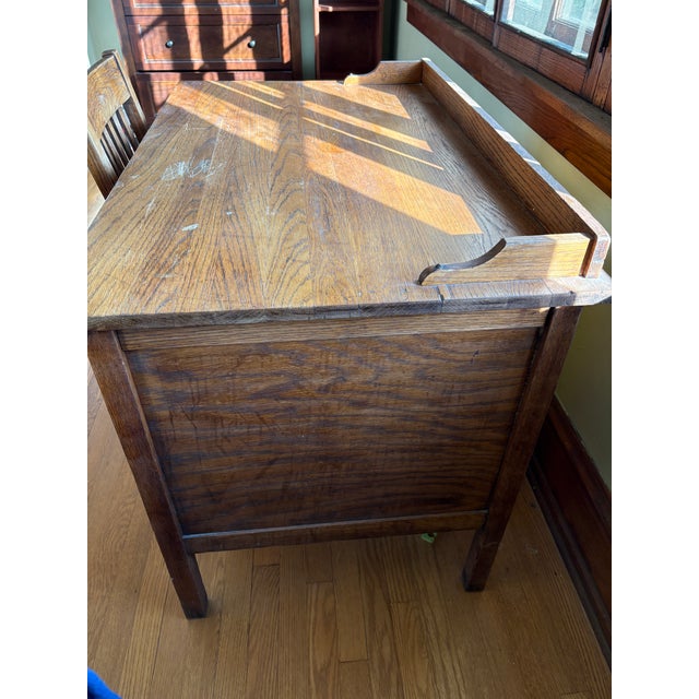 American Antique American Solid Oak Teacher's Desk & Mission Style Chair – 2 Piece Set For Sale - Image 3 of 10
