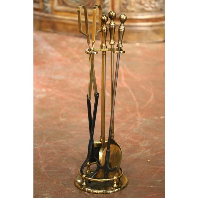 Mid-Century French Brass and Iron Five-Piece Fireplace Tool Set For Sale In Dallas - Image 6 of 9