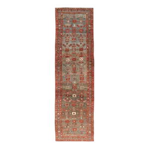 Early 20th Century Kurdish Antique Runner in Vibrant Blue-Teal Background and Multi-Tiered Border