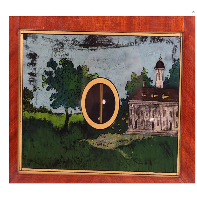 Wood Early 19th C. American Mahogany Pillar & Scroll Clock With Églomisé Landscape Scene For Sale - Image 7 of 10