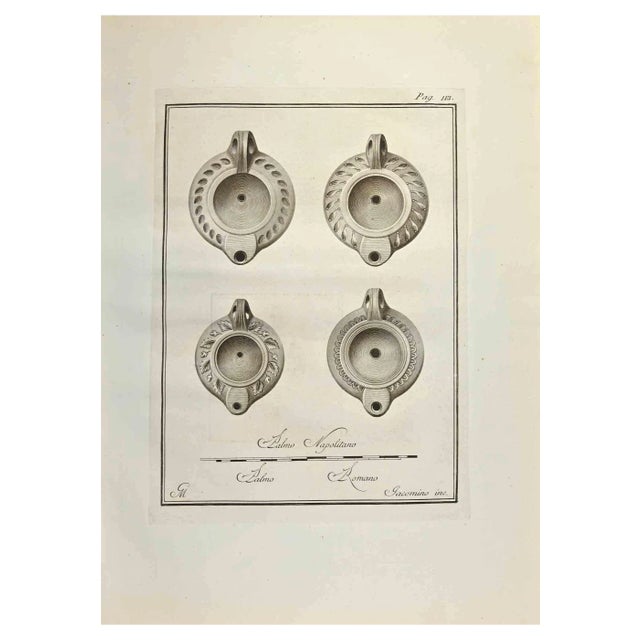 Marcantonio Iacomino, Pompeian Style Oil Lamps, Etching, 18th Century For Sale