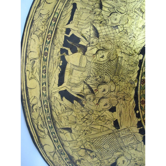 Indian Ceremonial Rajput Dhal Shield Intricate Gold Painted Hunting Scenes For Sale - Image 17 of 18
