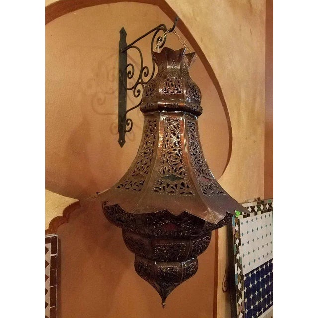 Turkish Moroccan Handmade Copper Finish Multi-Color Glass Metal Lantern For Sale - Image 5 of 7