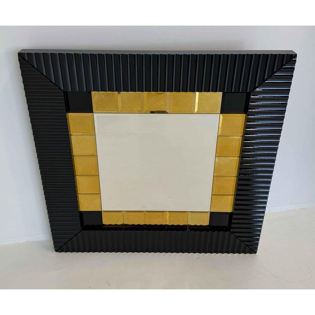 Italian Vintage Wall Mirror with Black Lacquered Frame and Gold Square Inserts, 1980s For Sale - Image 11 of 14