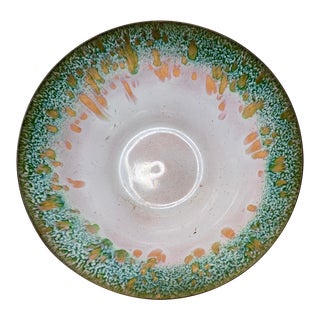 Vintage Mid Century Green White and Hold Enameled Copper Bowl For Sale