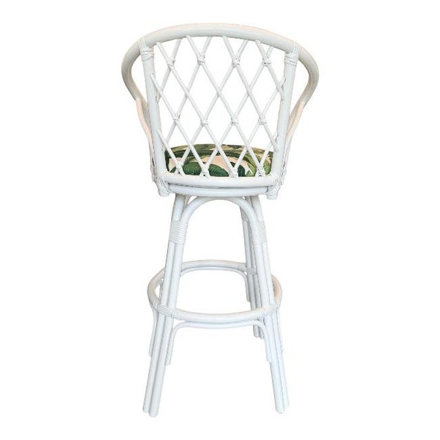 Set of Three Coastal White Rattan Swivel Counter Stools Banana Leaves Upholstery For Sale - Image 4 of 6