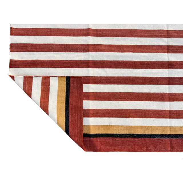 Casa Cosima Handmade Cotton Vegetable Dyed Area Rug, Terracotta Red and White Striped Dhurrie - 9'x12' For Sale - Image 4 of 10
