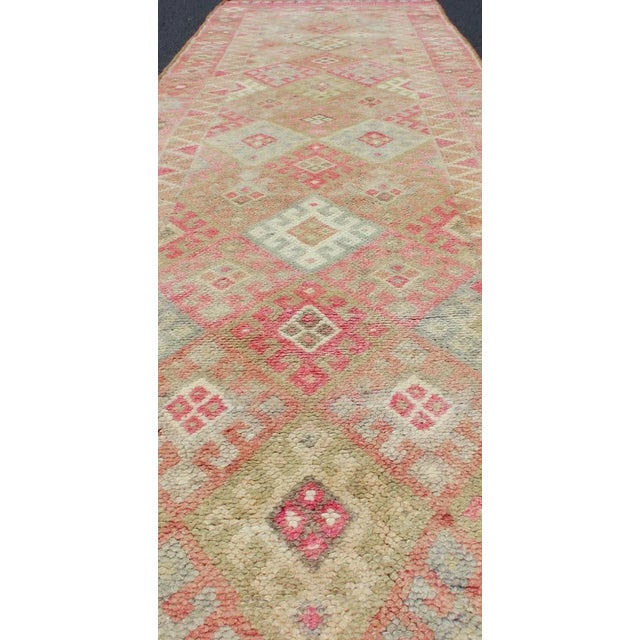 Geometric Kurdish Design Vintage Runner From Turkey in Pink, Red & Green Colors For Sale In Atlanta - Image 6 of 12