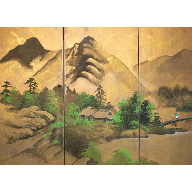 Goldenrod 1960s "Summer Landscape With Trees", Shōwa Era Japanese Painted Byobu Screen For Sale - Image 8 of 18