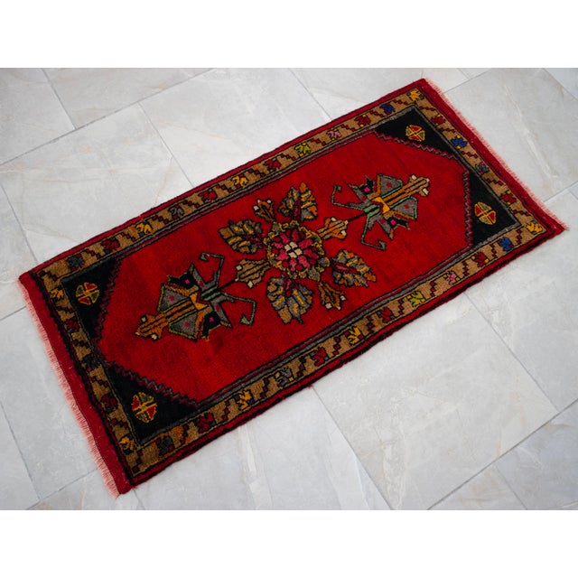 Red Hand Knotted Small Turkish Rug. Organic Wool 1960's Entryway Decor DoorMat, Accent Rug - 22'' X 44'' For Sale - Image 8 of 12