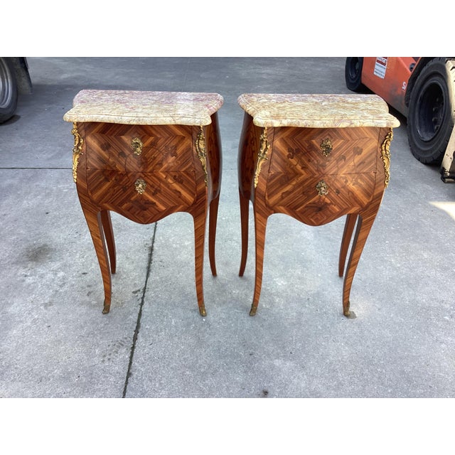 Exceptional Pair French Inlay Night Tables W/Marble For Sale - Image 9 of 10