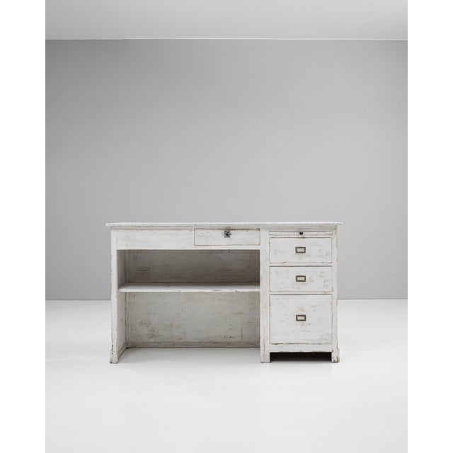 1900s French Wood White Patinated Shop Counter With Marble Top For Sale - Image 16 of 18