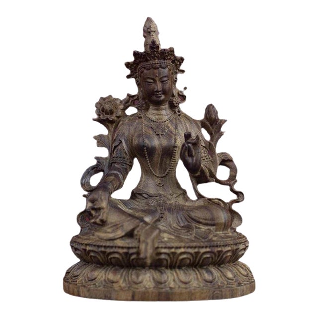 Chinese Vintage Wood Carving Sitting Green Tara Buddha Statue For Sale