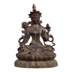 Chinese Vintage Wood Carving Sitting Green Tara Buddha Statue