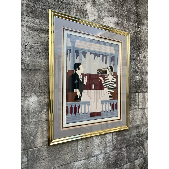 Large 1980s Art Deco Revival Framed Silkscreen "Rendezvous" Signed by the Artist. For Sale - Image 4 of 18
