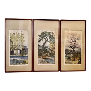 Toshi Yoshida Japanese Wood Block Prints -Triptych 'Friendly Garden' For Sale