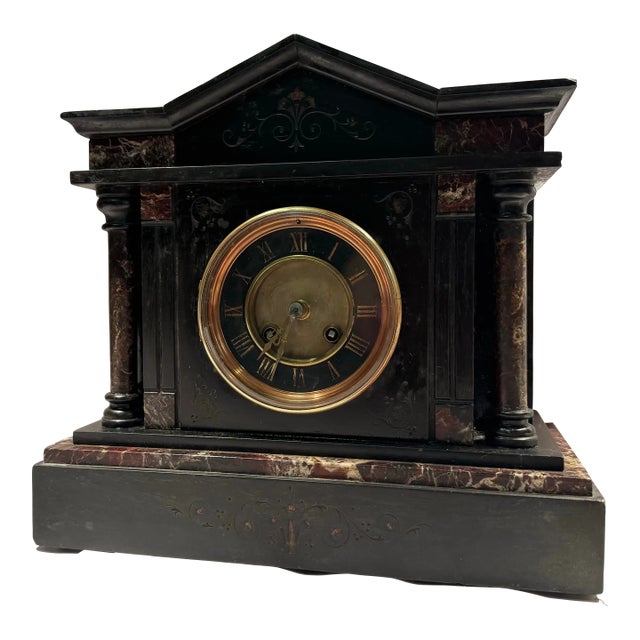 19th Century French Slate Stone & Red Marble Mantel Clock For Sale