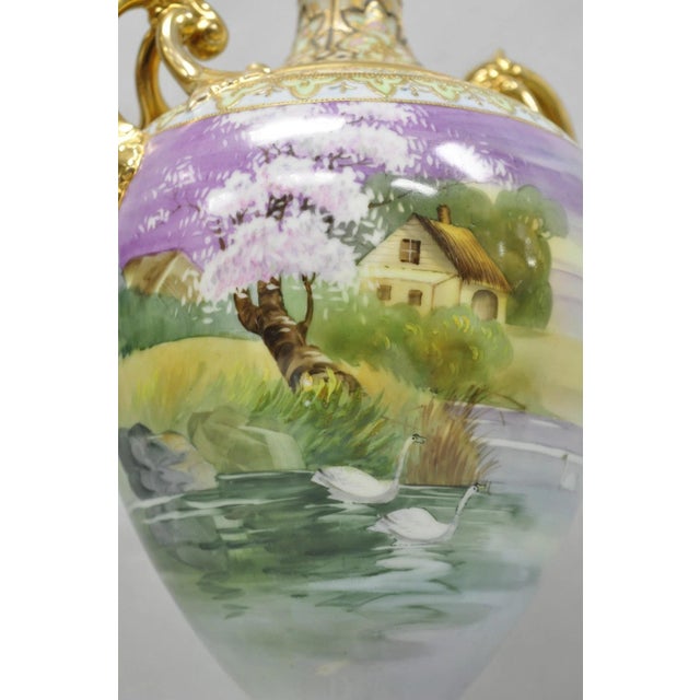 Antique Nippon Hand Painted Cottage Lake Porcelain Twin Handle Bolted Urn Vase For Sale - Image 9 of 17