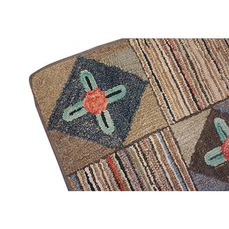 Inspirational Beige Color With Geometric Design Antique American Hooked Rug For Sale - Image 9 of 12
