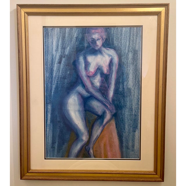 Vintage Cobalt Blue Nude Female Figure Study Framed Painting For Sale - Image 4 of 5