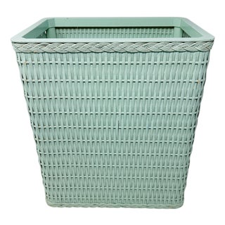 Mid-Century Sage Green Wicker Wastebasket With Triple Braided Trim For Sale