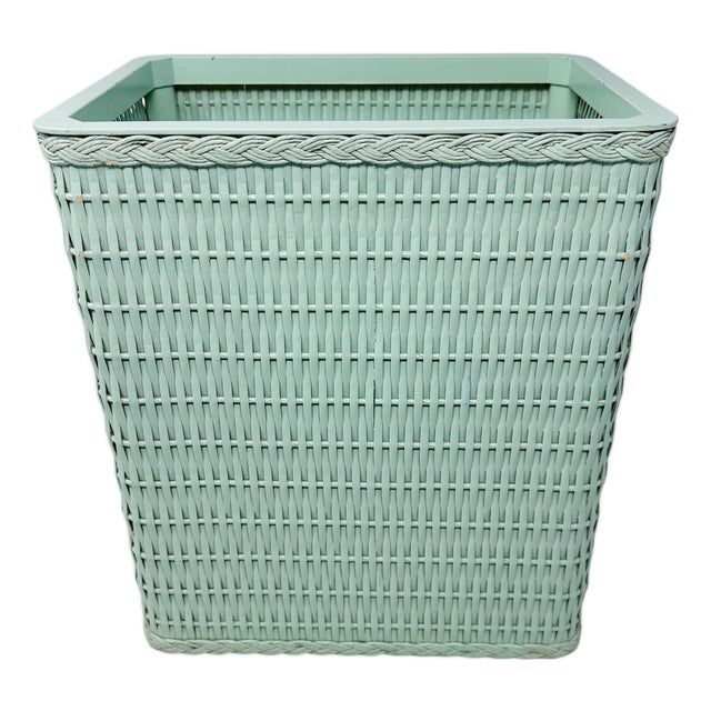 Mid-Century Sage Green Wicker Wastebasket With Triple Braided Trim For Sale