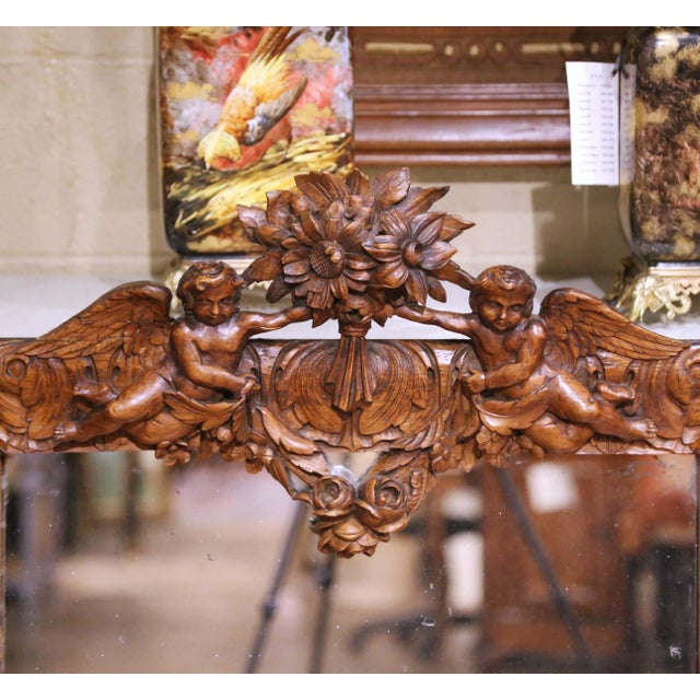 French 19th Century French Louis XV Carved Oak Wall Mirror With Cherub and Floral Decor For Sale - Image 3 of 9