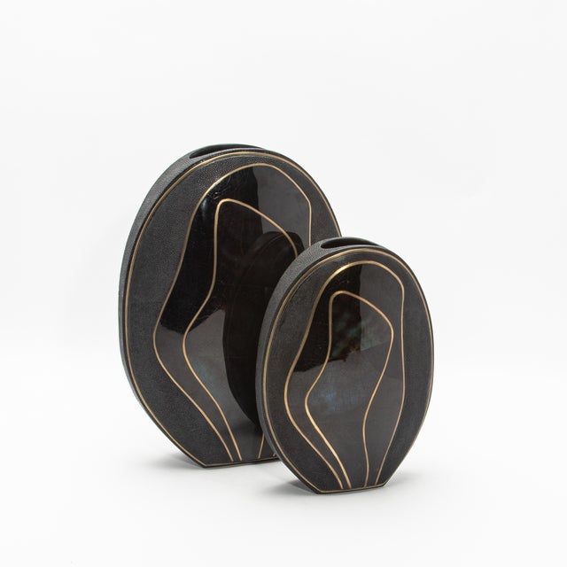 Modern Vase in Shagreen With Black Shell and Brass Details by R&y Augousti For Sale - Image 9 of 10