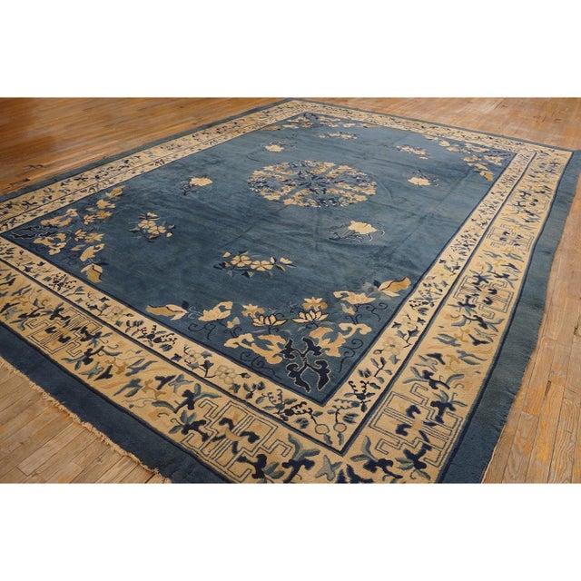 Textile Traditional Medallion Floral Blue Field 1920s Antique Chinese Rug 10'3" X 13'9" For Sale - Image 7 of 9