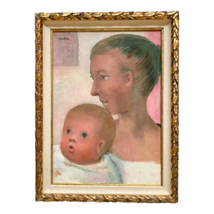 Circa 1970 Jose Montanes Spanish Modernist Oil Painting on Board of Madonna and Child