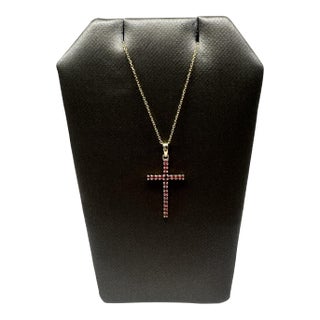 Ruby Cross Necklace in 14kt Yellow Gold – 0.20ctw, 18in, New For Sale