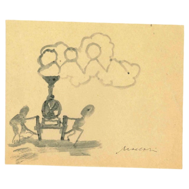 Mino Maccari, The Locomotive, Watercolor, Mid-20th Century For Sale