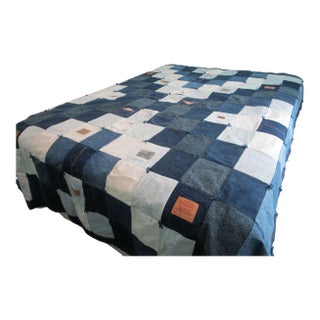 Upcycled Vintage Denim Patchwork Quilt Handmade Squares Labels Pockets Euc For Sale