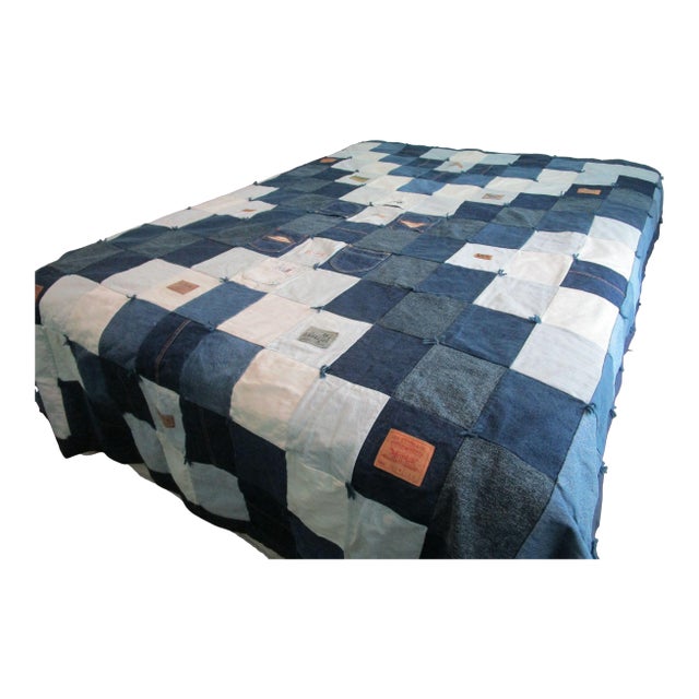 Upcycled Vintage Denim Patchwork Quilt Handmade Squares Labels Pockets Euc For Sale