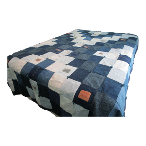 Upcycled Vintage Denim Patchwork Quilt Handmade Squares Labels Pockets Euc