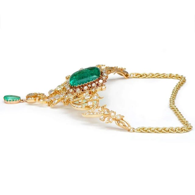 Gia Certified Belle Époque 14k & 22k Gold Necklace With 45.8ct Colombian Emeralds & 15.9ct Diamonds, Circa 1900 For Sale - Image 9 of 16