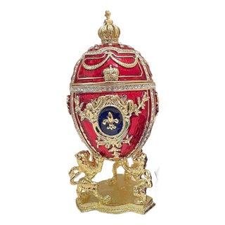 Pierre Lorren Handmade Faberge Egg Style Trinket Fabergé Egg Style Austrian Crystal Diamond Pure Gold Deco Hand Painted 5 Star Egg & Handmade Bracelet For Sale