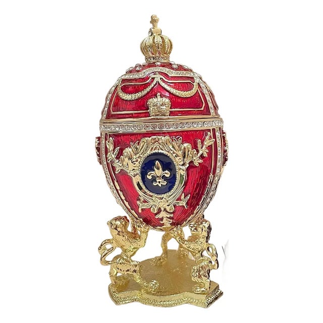 Pierre Lorren Handmade Faberge Egg Style Trinket Fabergé Egg Style Austrian Crystal Diamond Pure Gold Deco Hand Painted 5 Star Egg & Handmade Bracelet For Sale