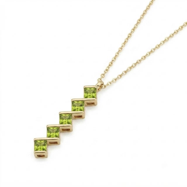 Contemporary Green Peridot Princess Cut Pendant | August Birthstone Necklace | Unique Vertical Charm Pendant For Sale - Image 3 of 3