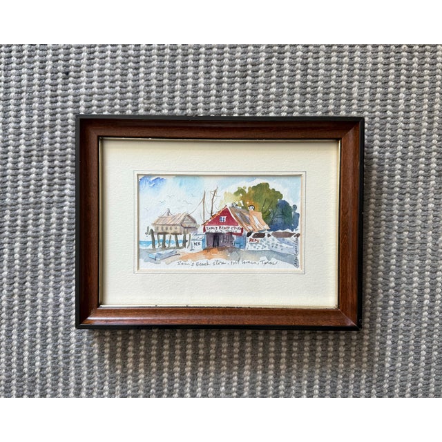 Small vintage mid century watercolor painting by Bill Markowski (1922-1998) of "Sam's Beach Store" in Port Lavaca, Texas....