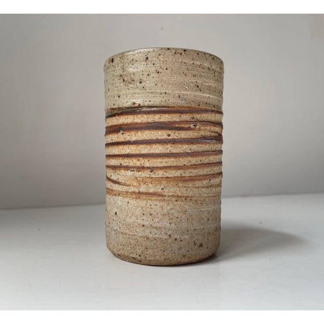 Brown Vintage Cylindrical Vase in Striped Glazed Stoneware by Tue Poulsen, 1970s For Sale - Image 8 of 8