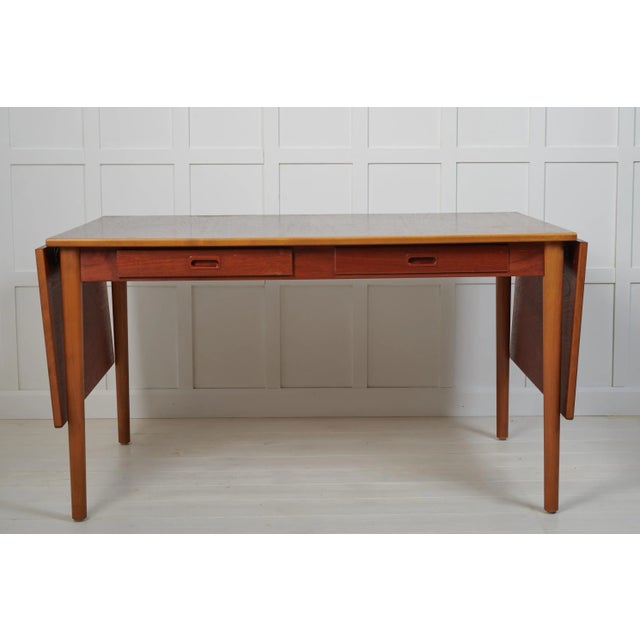 Swedish Modern Teak and Beech Dining Table or Desk attributed to Nils Jonsson for Hugo Troeds, 1960s For Sale - Image 3 of 11
