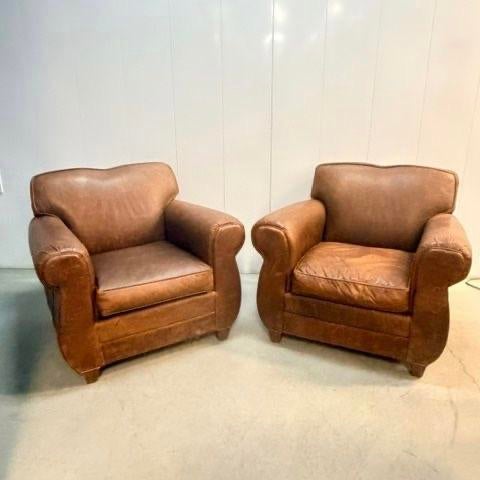 Mitchell Gold for Restoration Hardware Leather Club Chair Pair With Ottoman For Sale - Image 11 of 12