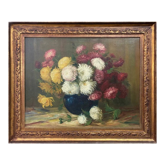 Antique European Floral Still Life With Chrysanthemums in a Cobalt Blue Vase | Signed Oil on Canvas Ca. 1890 For Sale