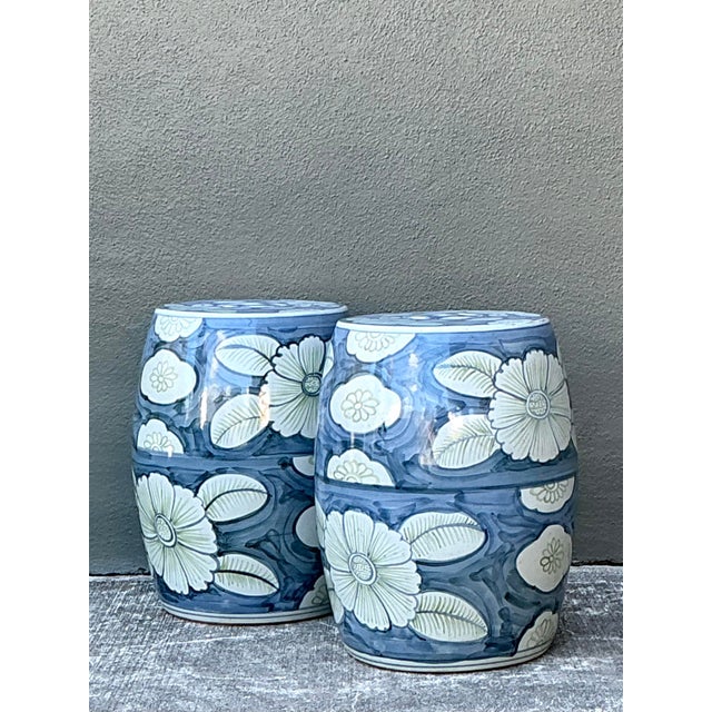Vintage Glazed Ceramic Floral Garden Stools - A Pair For Sale In West Palm - Image 6 of 12