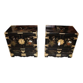 Chinoiserie Hand Painted Black Lacquered Cabinet ~ Matched Pair For Sale