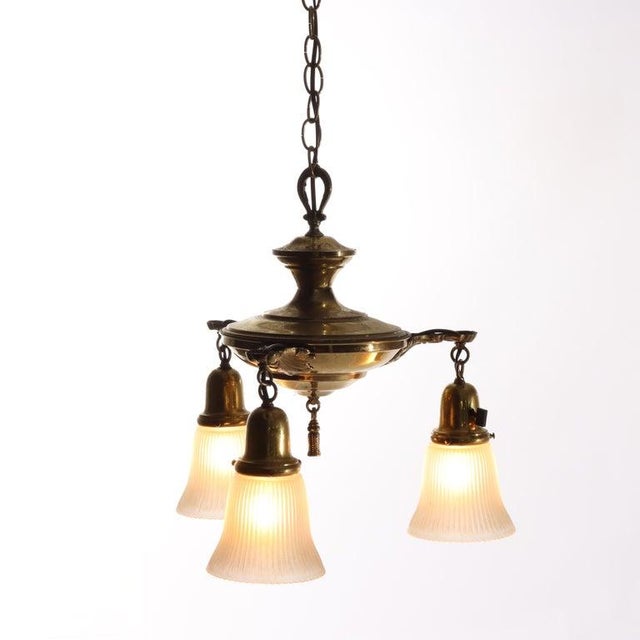 Antique Brass 3-Light Chandelier With Opalescent Glass Shades C1930 For Sale - Image 9 of 10