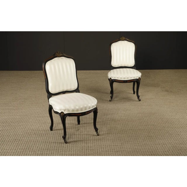 Pair of 1890s French Louis XV Carved, Gilt, Ebonized, and Upholstered Chairs For Sale - Image 4 of 18
